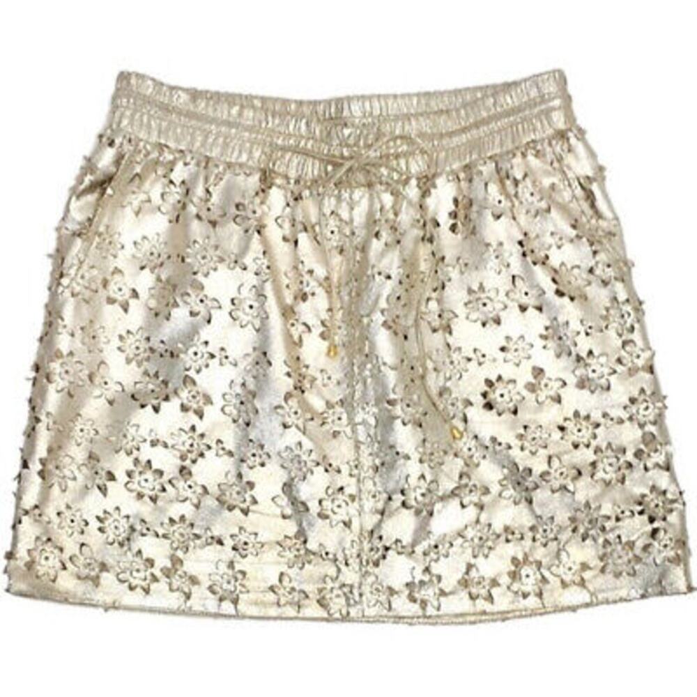 Anthropologie LeifsDottir Skirt Leather Cutouts A-Line Metallic Gold Sz 6